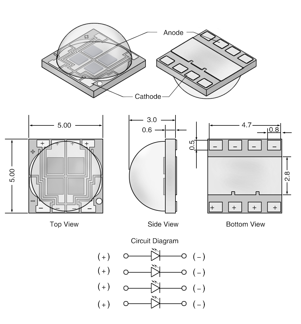 SMD5050 5W Cool White High Power LED Package Dimensions