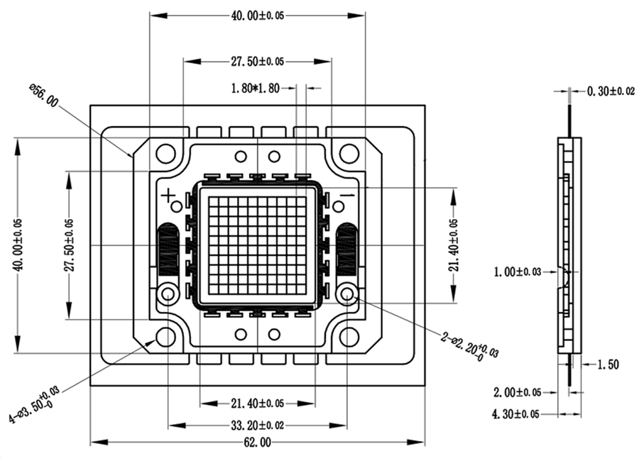100W 3000K High CRI Sunlight Full Spectrum White High Power LED Chips Package Dimensions