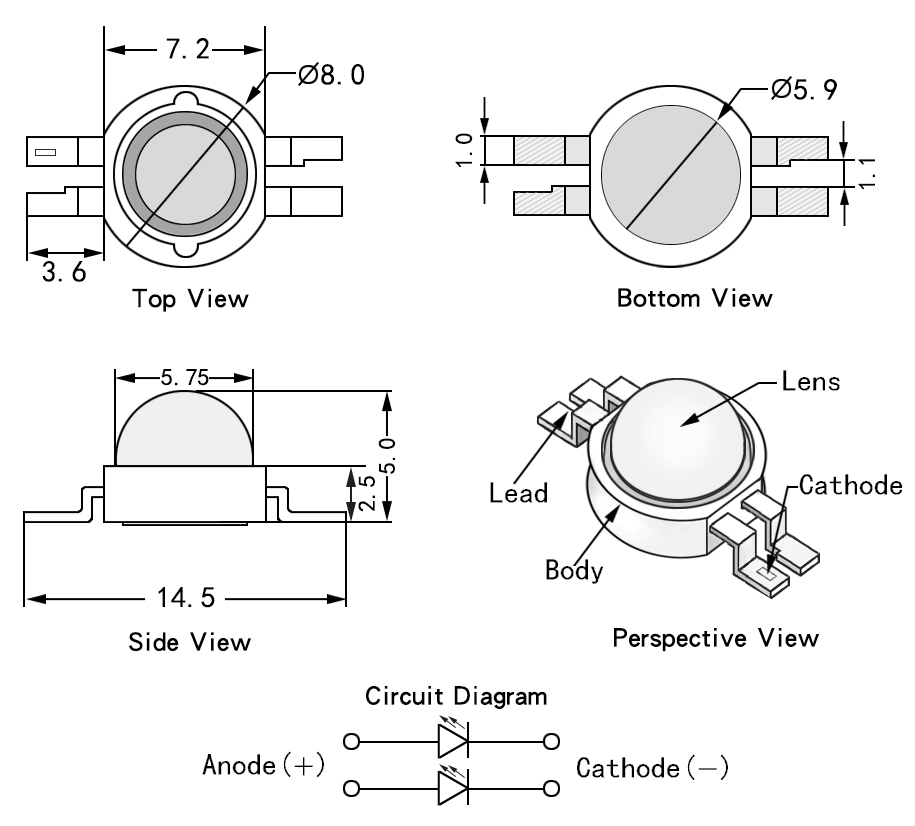 2 in 1 Custom 2W High Power LED Package Dimensions
