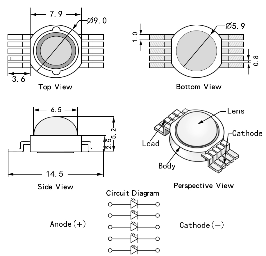 5 in 1 Custom RGBWA High Power LED Package Dimensions