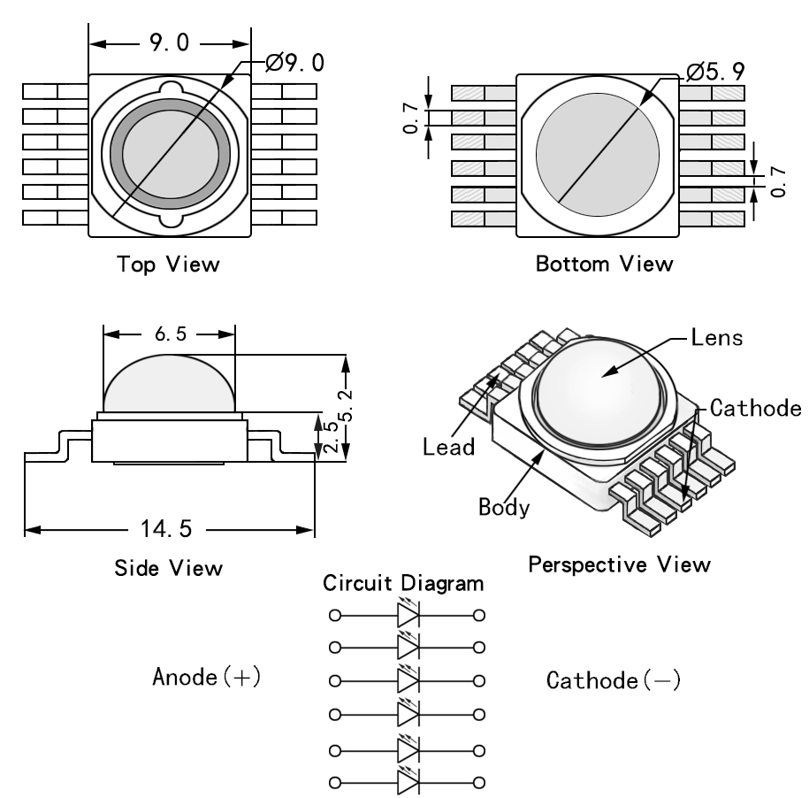 6 in 1 Custom RGBWAV High Power LED Package Dimensions