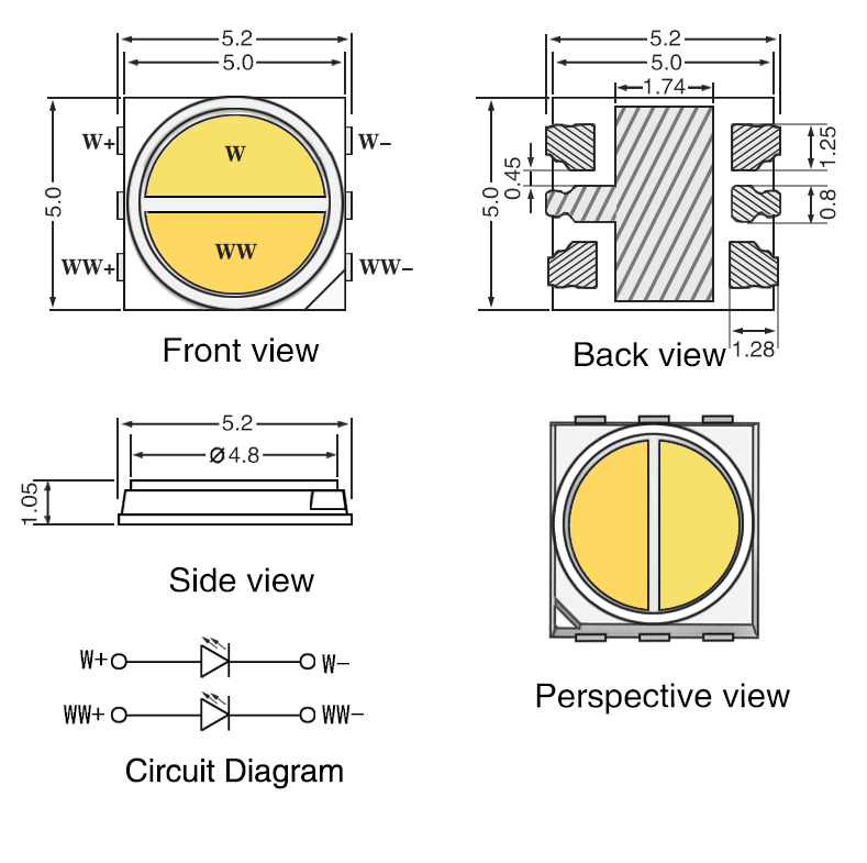 1W 5054 SMD High CRI FUll Spectrum Warm White & Cold White LED Package Dimensions