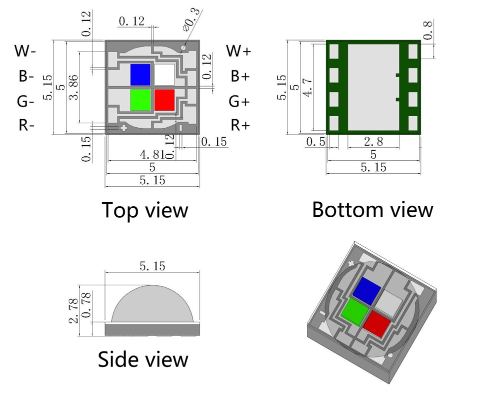 12W SMD5050 RGBW High Power LED Package Dimensions