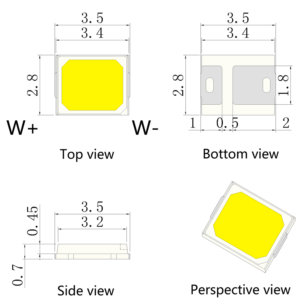SMD2835 0.2W & 0.5W Sunlight Full Spectrum White LED Package Dimensions