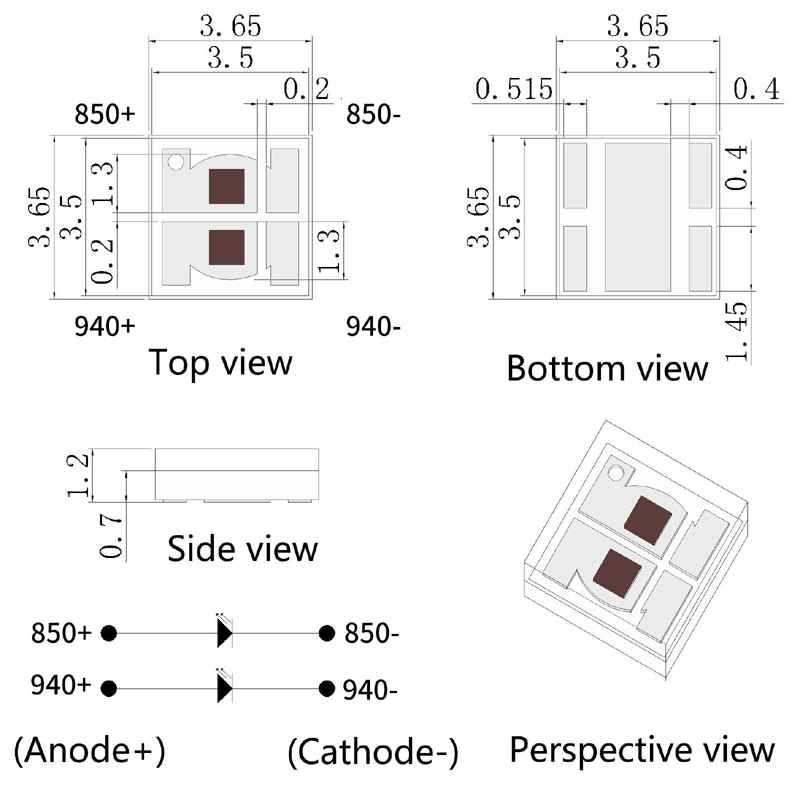 SMD3535 Dual IR 2W High Power LED Package Dimensions