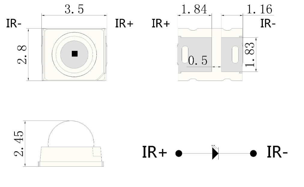 SMD2835 0.2W & 0.5W 910nm Custom IR LED with 30° 60° 90°  dome lens Module Package Dimensions