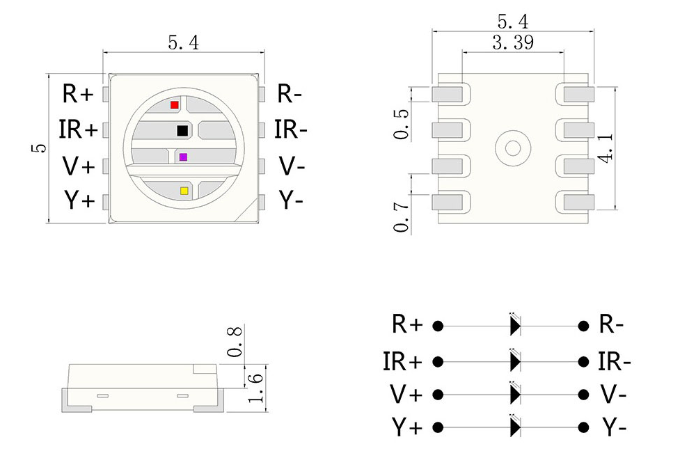 Custom SMD5054 0.2W 0.5W Multi-color LED Package Dimensions