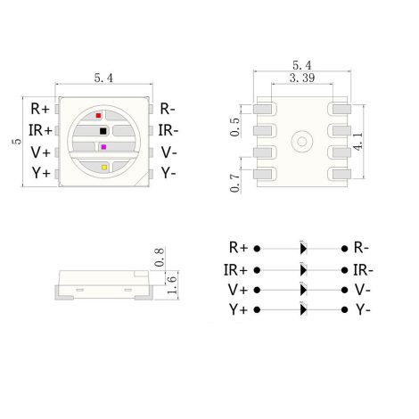 Custom SMD5054 0.2W 0.5W Multi-color LED Package Dimensions Enlarged Image