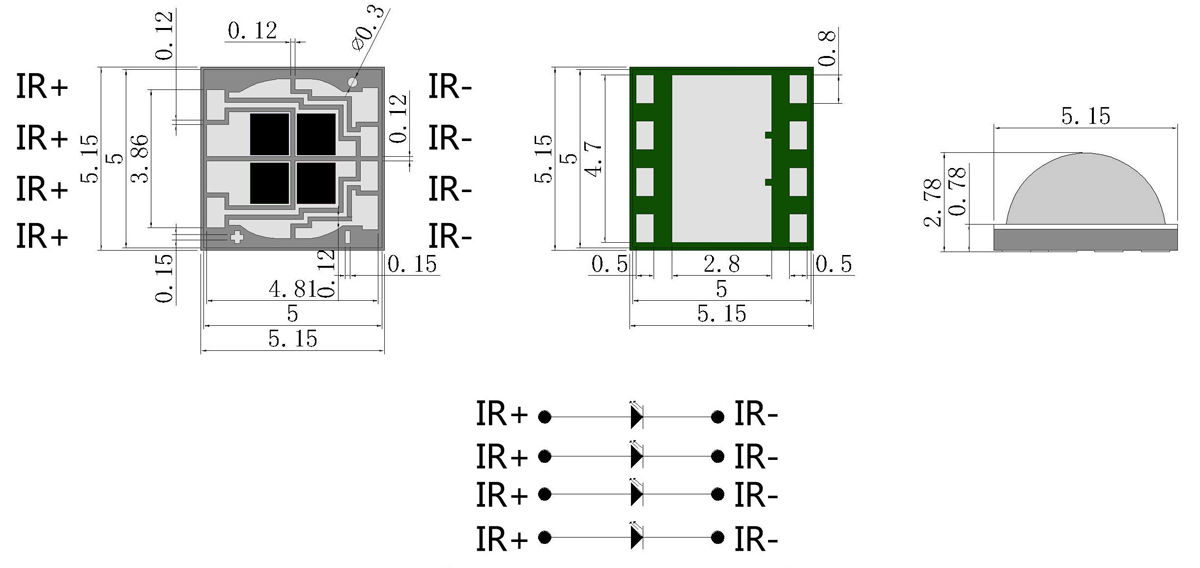 1070nm SMD5050 5W  IR High Power LED Module Package Dimensions