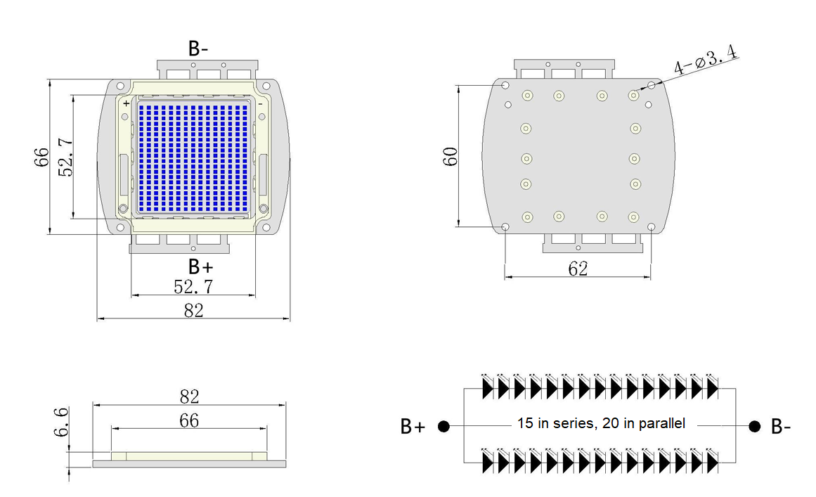 300W Ice Blue 470nm High Power LED Module Package Dimensions