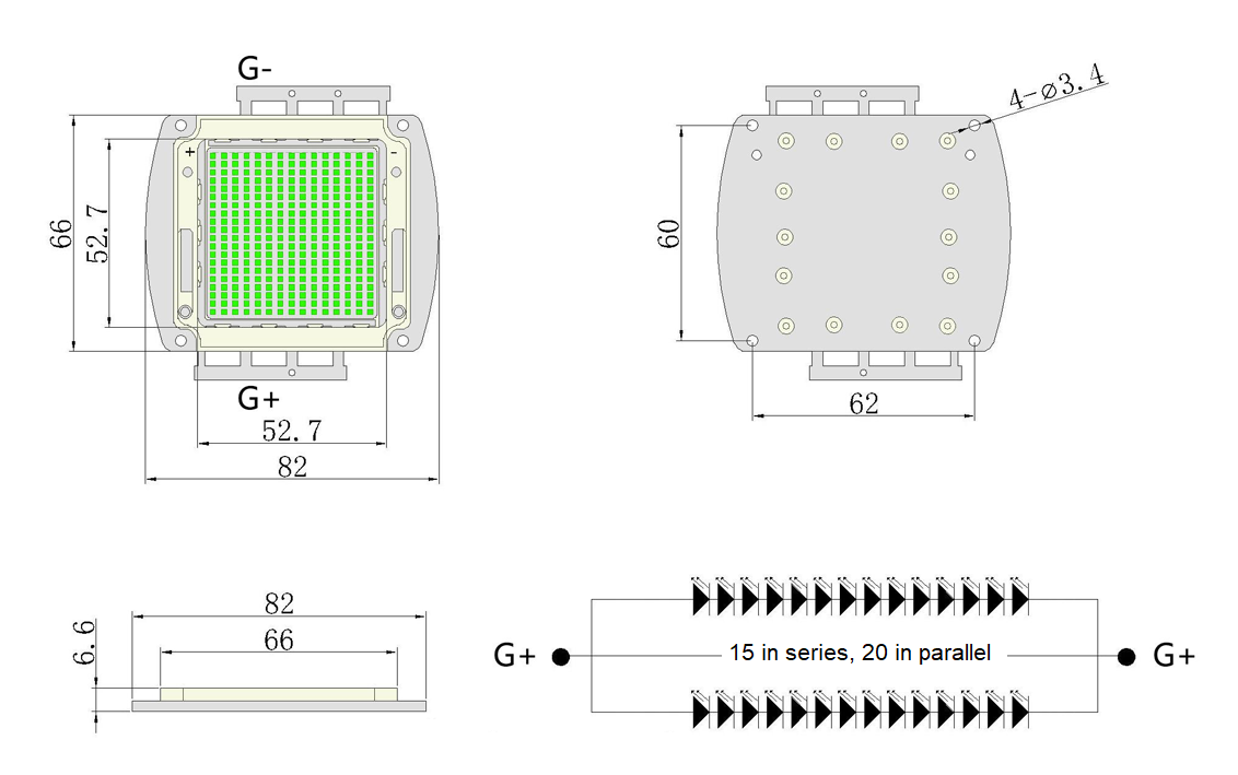 300W Cyan 500nm High Power LED Module Package Dimensions