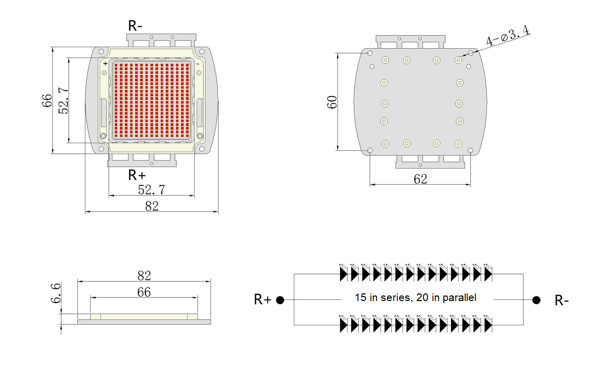 300W Red 630nm High Power LED Module Package Dimensions