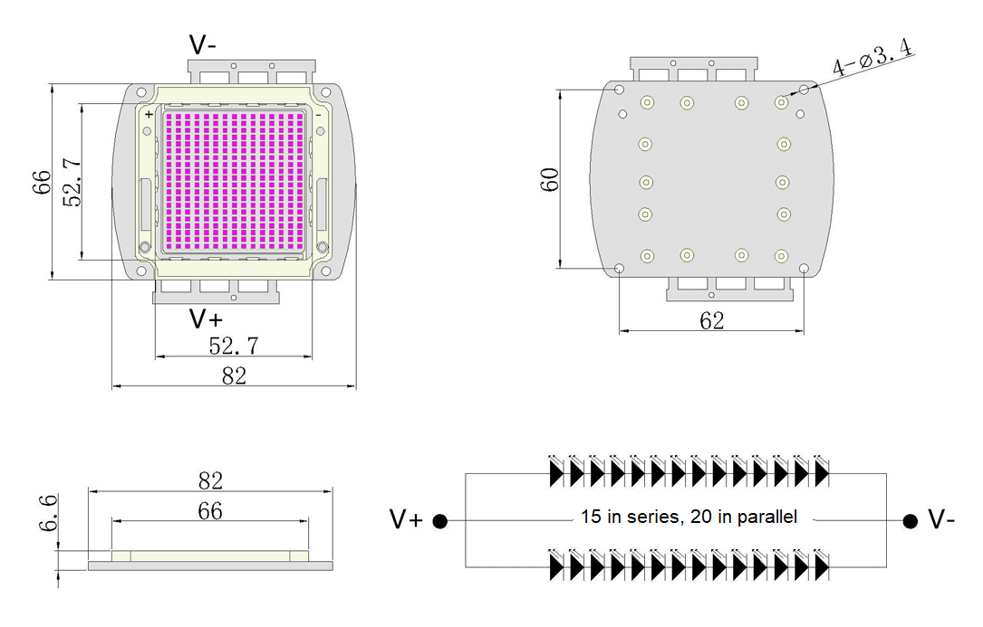 300W Violet 430nm High Power LED Module Package Dimensions