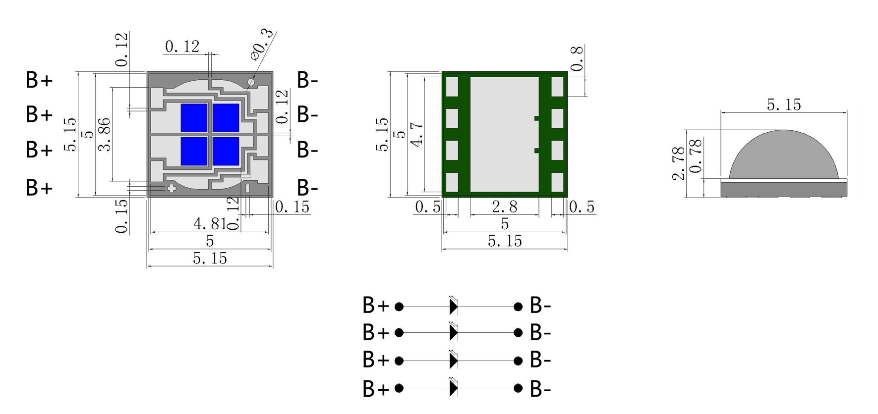 440nm 5W SMD5050 Royal Blue High Power LED Module Package Dimensions