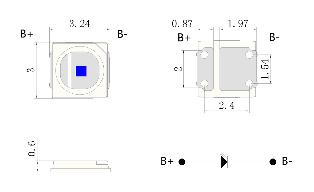 SMD3030 1W Cool Blue 470nm LED Module Package Dimensions