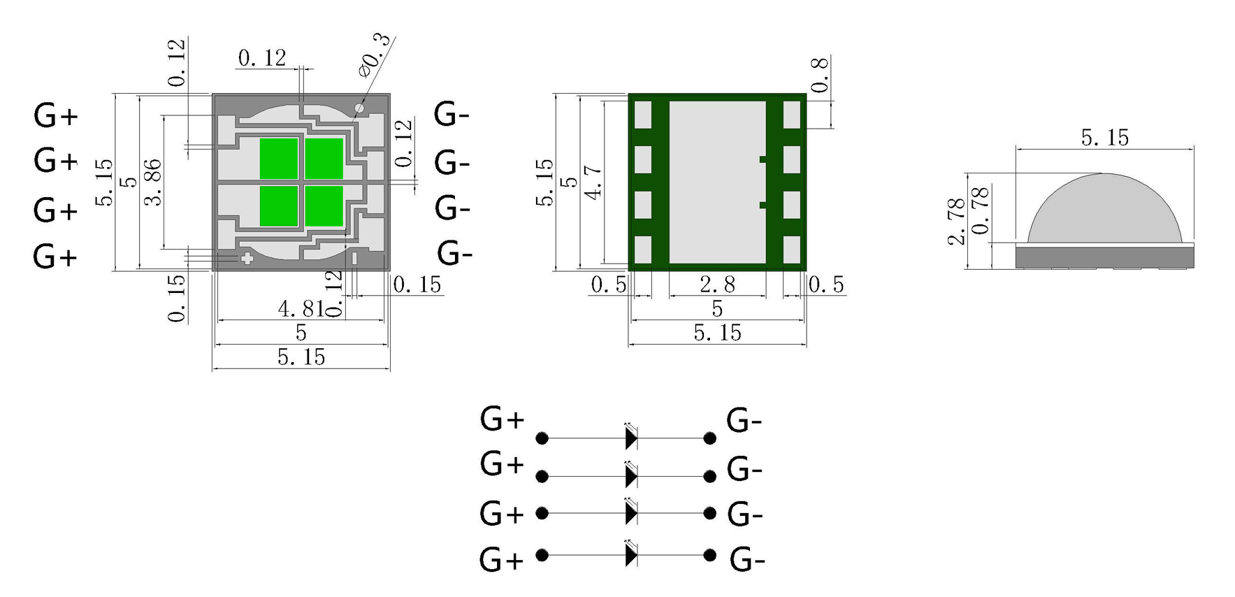 500nm 5W SMD5050 Cyan High Power LED Module Package Dimensions