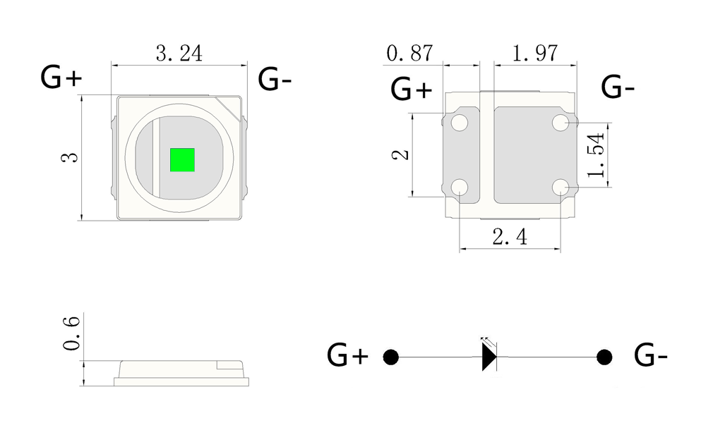 SMD3030 1W Turquoise 500nm LED Module Package Dimensions