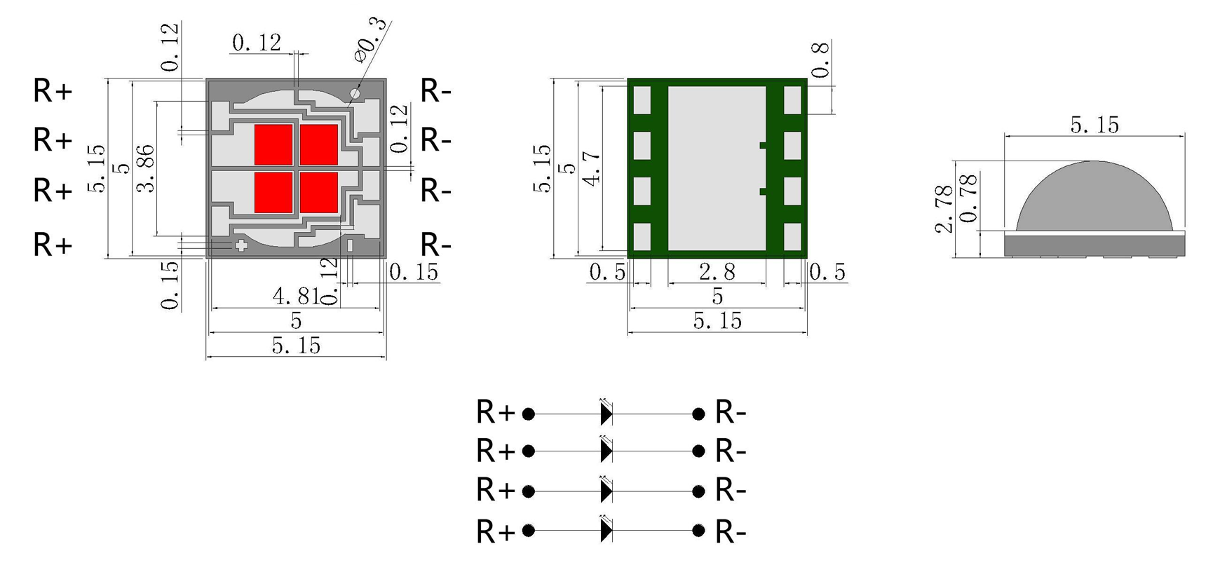 630nm 5W SMD5050 Red High Power LED Module Package Dimensions