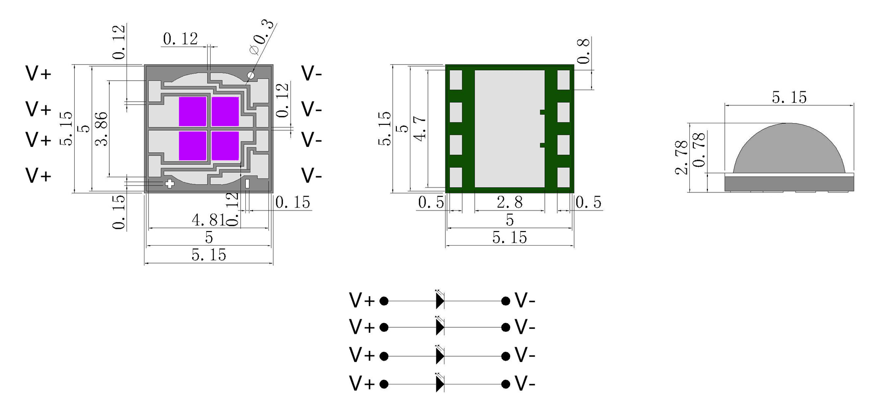 430nm 5W SMD5050 High Power LED Module Package Dimensions