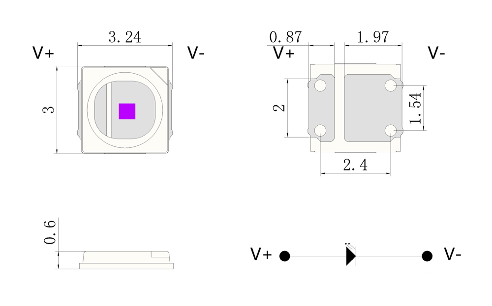 SMD3030 1W Violet 430nm LED Module Package Dimensions
