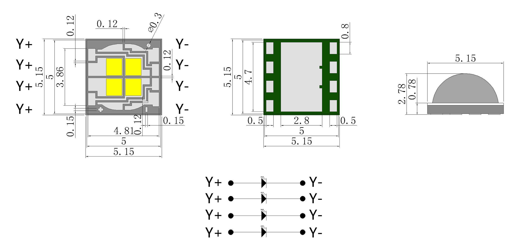 SMD5050 590nm 5W Amber High Power LED Module Package Dimensions