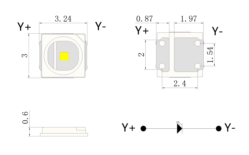 SMD3030 1W & 3W 610nm Orange High Power LED Module Package Dimensions