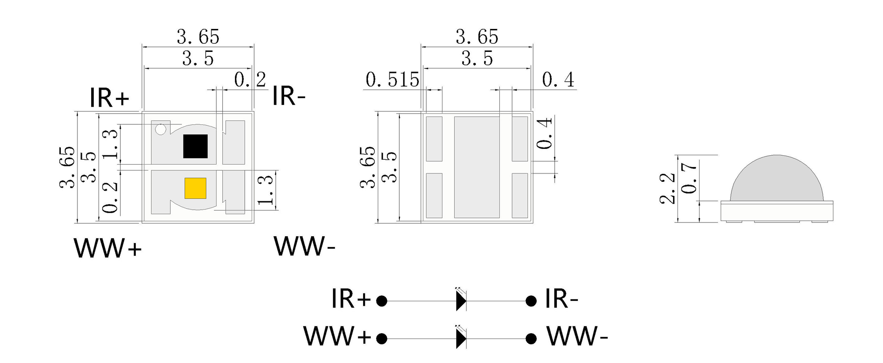 SMD3535 3000K+ 850nm LED for CCTV Camera Package Dimensions