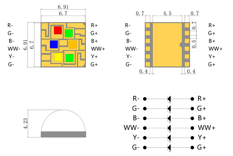 18W SMD7070 Custom Multi-Color High Power LED Package Dimensions