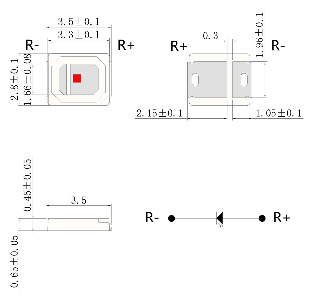 SMD2835 0.2W 0.5W 670nm Custom Red LED for Red Therapy Light Module Package Dimensions