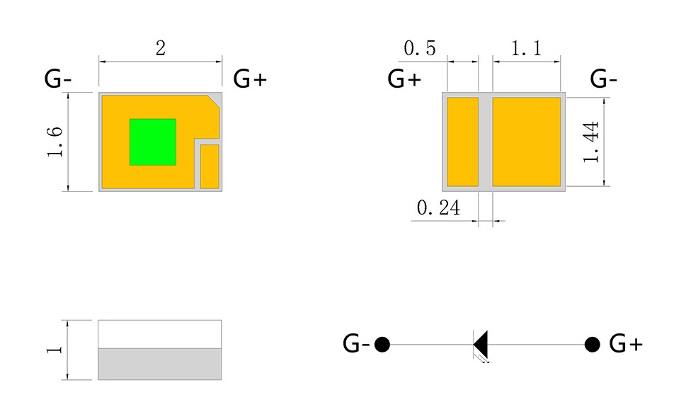 500nm 1W 3W SMD2016 Green High Power LED Package Dimensions Image