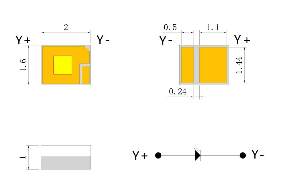 590nm 1W 3W SMD2016 Yellow High Power LED Package Dimensions Image