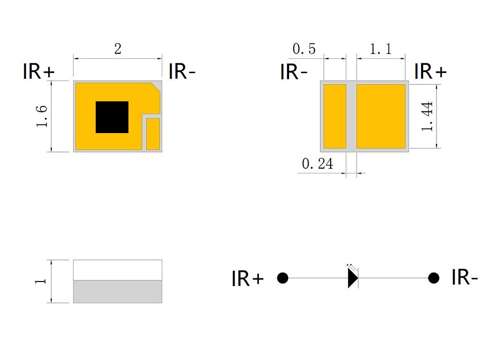 1070nm 1W 3W SMD2016 IR High Power LED Package Dimensions Image