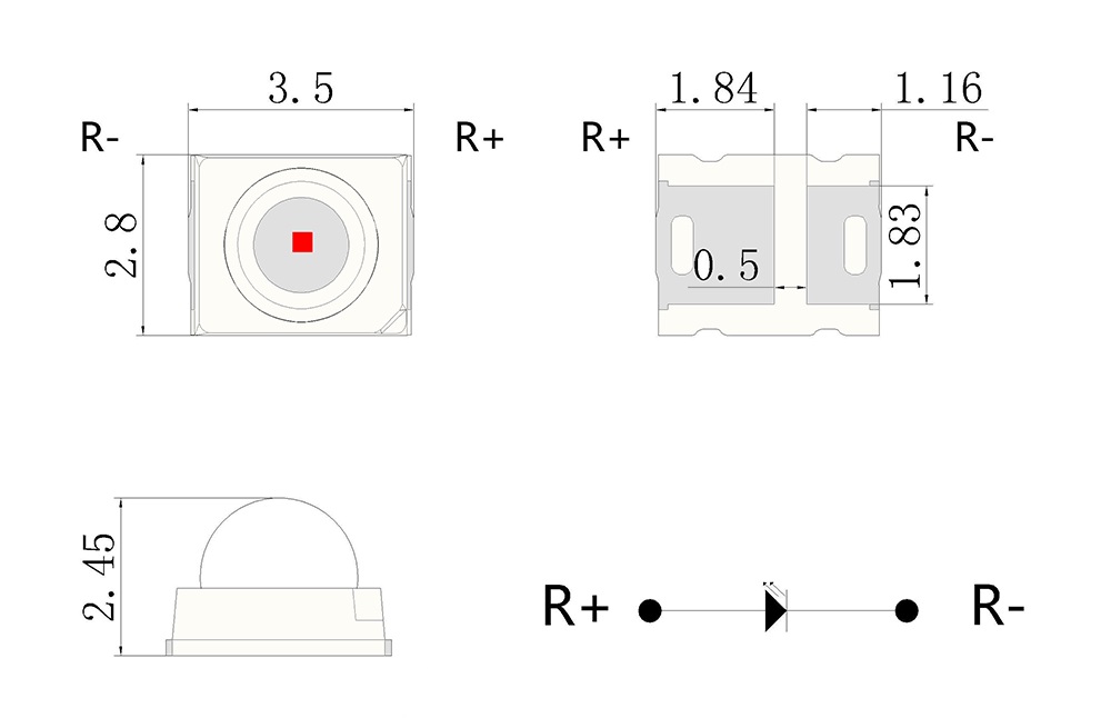 SMD2835 0.2W 0.5W 640nm Custom Red LED with 30° 60° 90° dome lens Module Package Dimensions