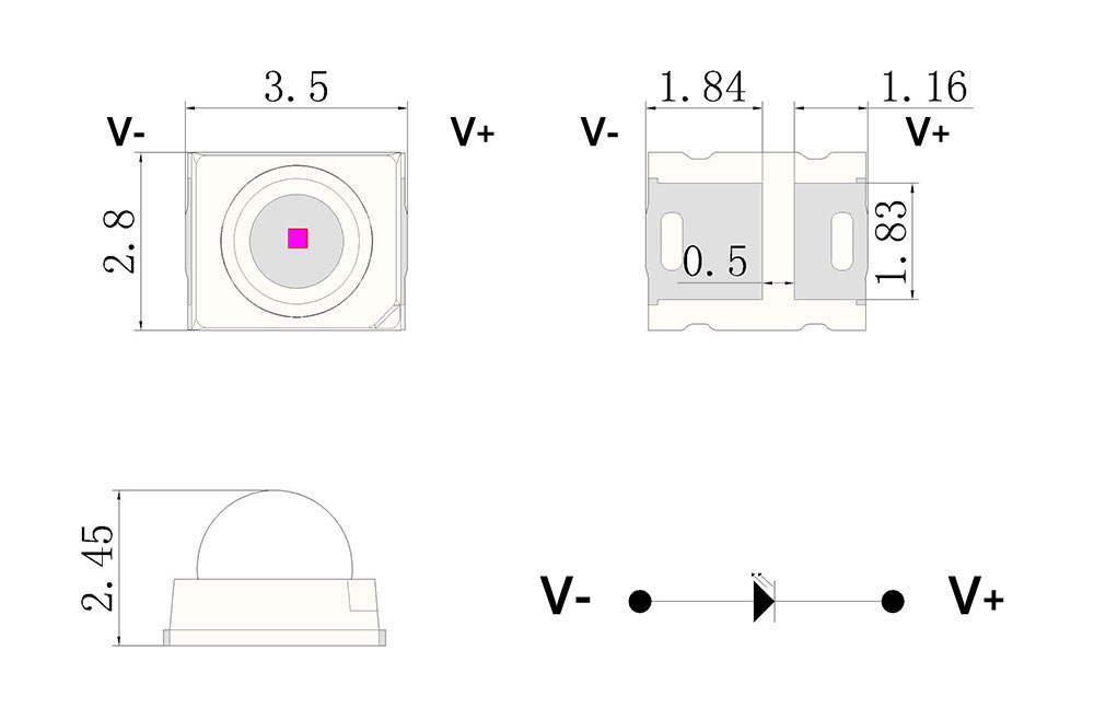 SMD2835 0.2W 0.5W 430nm Custom UV LED with 30° 60° 90° dome lens Module Package Dimensions