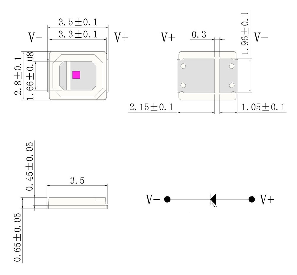 SMD2835 0.2W 0.5W 430nm Custom UV LED for Blue Curing & Decorative Purple Light Module Package Dimensions