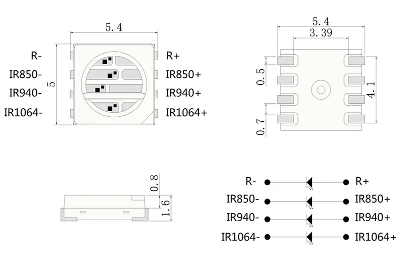 Custom VCSEL Laser Multi-color SMD5050 LED Package Dimensions